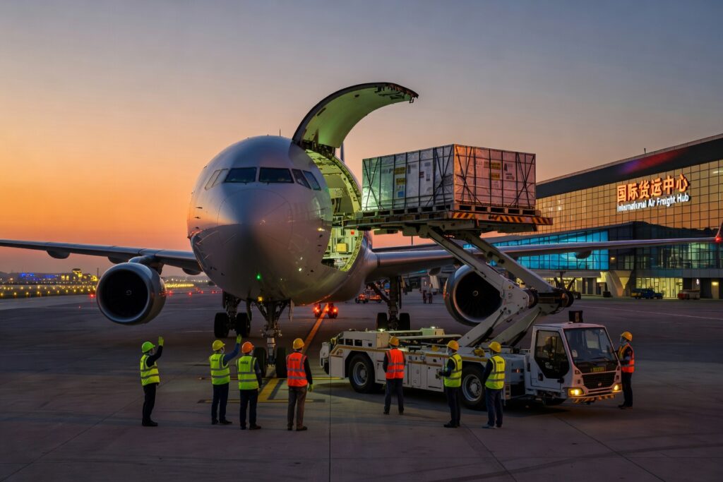 Wide-body cargo freighter being loaded with air freight pallets at a Chinese international airport