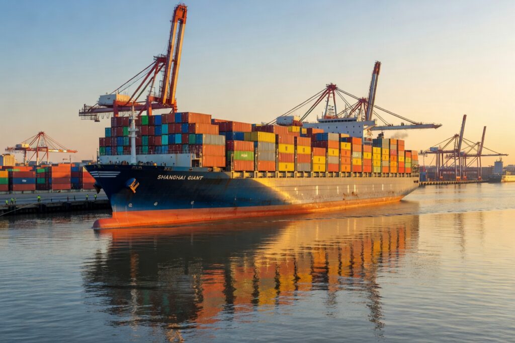 Loaded container ship departing the Port of Shanghai carrying ocean freight from China to the USA