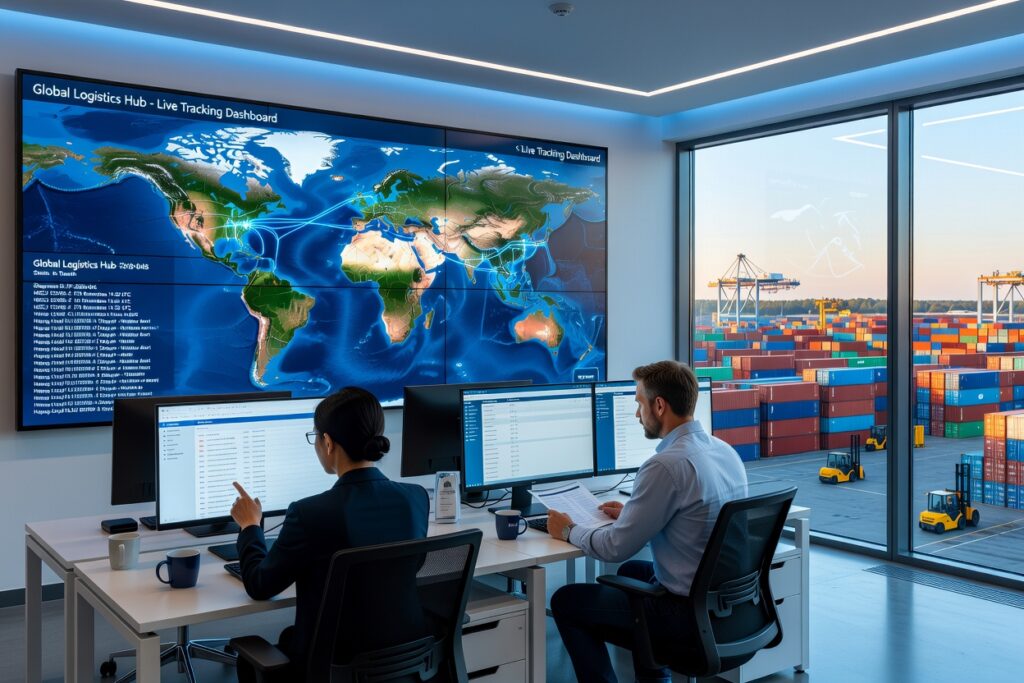 Freight forwarding operations team tracking China to USA shipments on live logistics dashboards