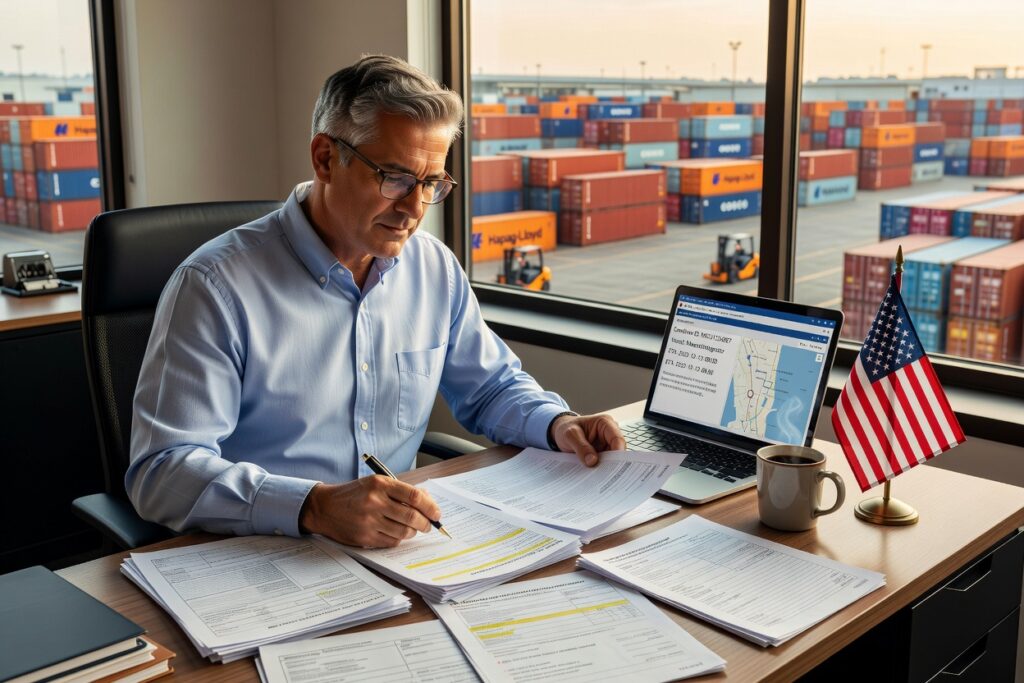 Licensed US customs broker reviewing import entry documents for a China shipment